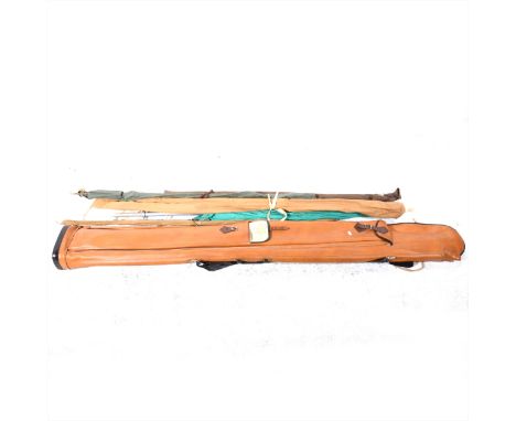 A collection of fishing rods and equipment, including vintage split cane fly fishing rods - Hardy 'The Victor', Hardy 2-piece