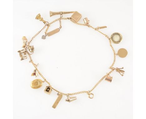 A two row solid curb link bracelet with twenty charms, to include an emergency 10/.-note,a hair locket, seal, dog kennel, sma