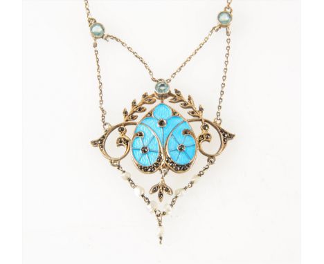 Edwardian enamel and seed pearl pendant, a turquoise inverted heart shape supporting seven small seed pearls and having a cha