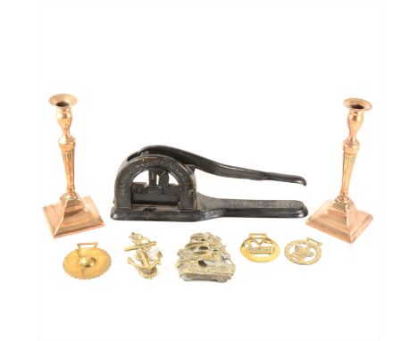 Georgian lead tobacco box, width 13cm; cast iron standard tobacco knife; vintage brass fishing reel, horse brasses and other 
