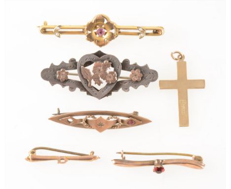 Five vintage bar brooches and a cross, a yellow metal bar brooch set with a pink stone and seed pearls, marked 9ct, 50mm, a s