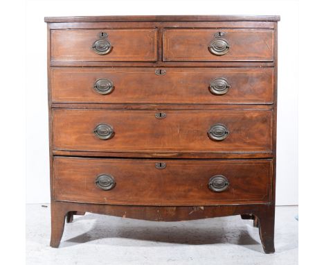 Victorian inlaid mahogany bowfront chest of drawers, reeded edge, two short and three long graduating drawers, splayed bracke