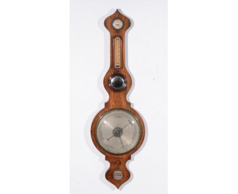 A Victorian rosewood banjo shaped wall barometer, silvered chart, replaced thermometer, 102cm.