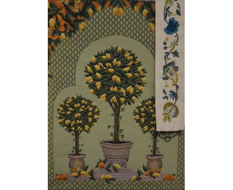 An American machine-made tapestry wall-hanging, French topiary, wooden rail, width 89cm, and a woolwork bell pull. (Qty: 2)