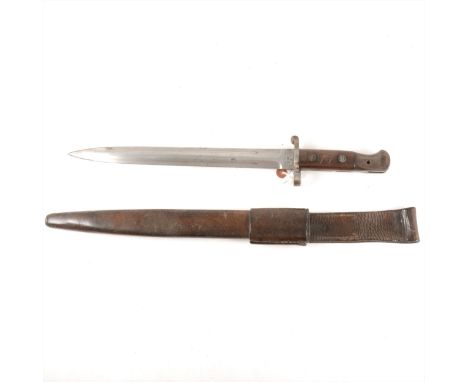 British bayonet, double edged blade 43cm, by Sanderson dated 1903. Brown leather scabbard. Frog stamped RMC.