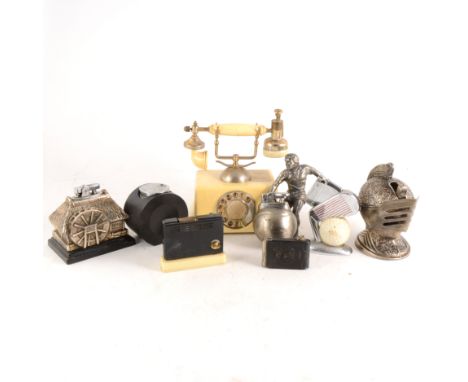 Novelty cigarette lighters; seven including Zippo, Radio-lite in the shape of a radio, Mugette pocket camera lighter, Golf cl