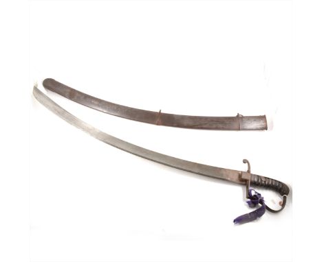 Waterloo period sabre, blade 83cm. Pitting to hilt and scabbard.