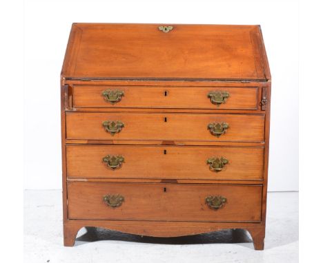 George III mahogany bureau, fall front enclosing interior fitted with drawers and pigeon-holes, four long graduating drawers,