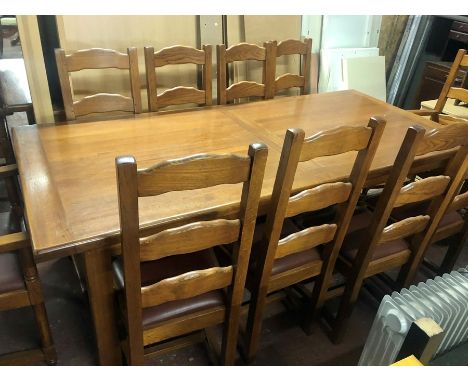 Large Solid Oak Dining Table with 2 extension leaves &amp; 10 Oak Ladder Back Chairs 99 cm wide. 220 cm closed. Each leaf is 