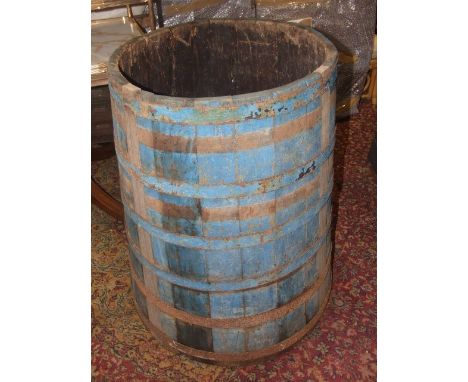 Vintage Oak Barrel of Tapered Form with metal banding 91 cm tall 57 cm wide at top 77 cm wide at base