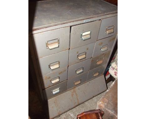 Vintage 12 Drawer Filing / Drawer Unit on Castors  27 x 16 inches 37 1/2 tall including wheels