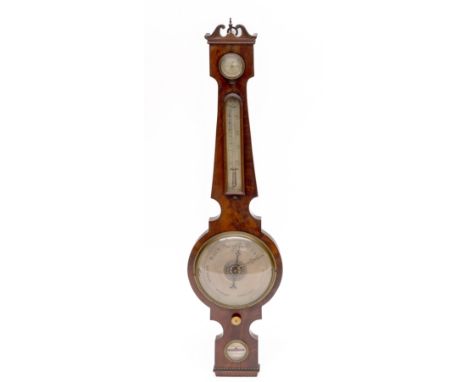 Mahoniehouten banjobarometer, gesigneerd Coates Wakefield, ca.1820; Uitgevoerd met gegraveerde messing en verzilverde schaalp