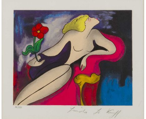 Linda le Kinff (b.1949)
Lady holding a rose
34/350, signed and numbered in pencil
lithograph
21 x 24cm.
Condition report:
Goo
