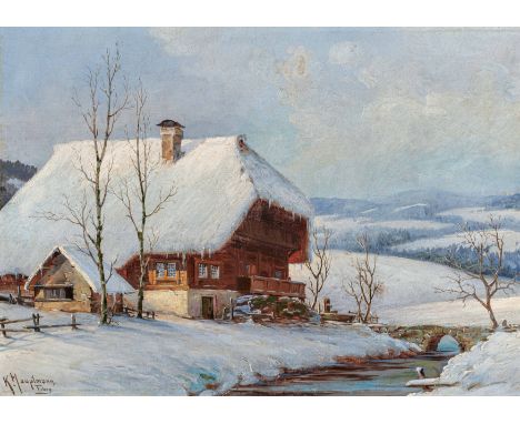 HAUPTMANN, KARL1880 Freiburg - 1947 TodtnauTitel: Verschneiter Schwarzwaldhof. Technik: Öl auf Leinwand. Montierung: Doublier