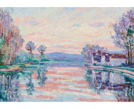 GUILLAUMIN, ARMANDParis 1841 - 1927Titel: Morgenstimmung am Seine-Ufer bei Samois. Technik: Öl auf Leinwand. Montierung: Doub