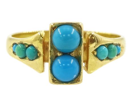 19th / early 20th century 18ct gold two stone turquoise panel ring, with turquoise set shoulders, stamped 18Condition Report: