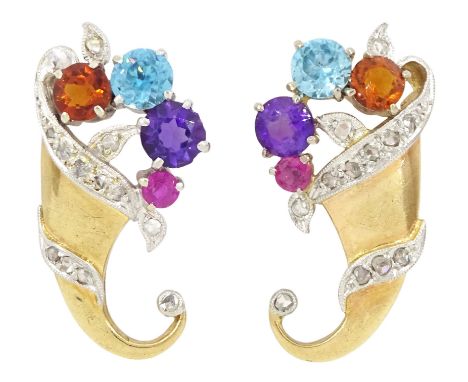 Pair of 9ct gold multi gem set cornucopia clip earrings, set with round cut amethyst, blue zircon, citrine, and ruby by Cropp