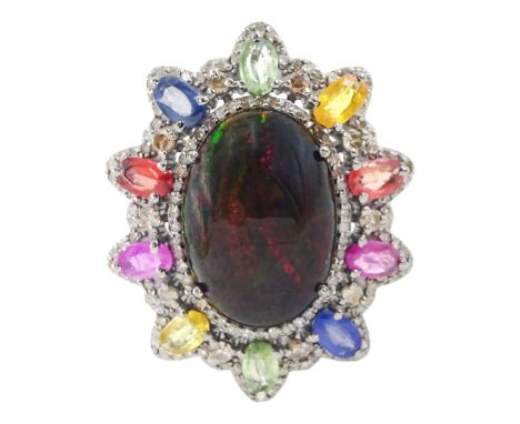 Large silver cabochon galaxy opal, multicoloured sapphire and diamond dress ring, opal approx 8.20 carat, total sapphire weig