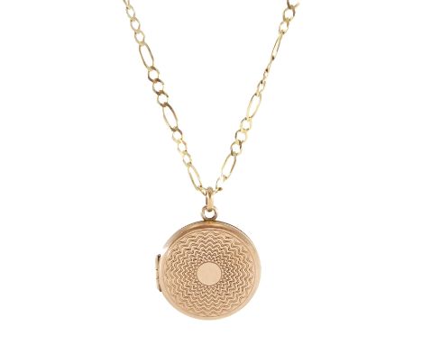 Rose gold circular engine turned locket pendant, London 1941, on gold Figaro link chain necklace, both 9ctCondition Report:Ap