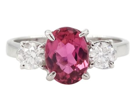 18ct white gold three stone oval cut pink tourmaline and round brilliant cut diamond ring, hallmarked, tourmaline approx 2.60