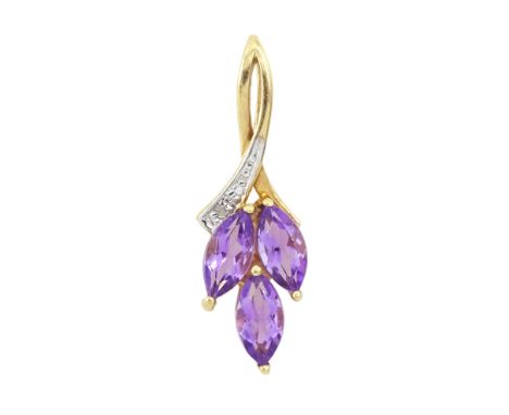 9ct gold three stone marquise cut amethyst and diamond leaf pendant, stamped 375Condition Report:Approx 0.75gm, length = 23mm