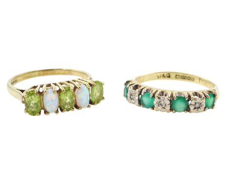 Gold emerald and diamond half eternity ring and a gold peridot and opal ring, both hallmarked 9ctCondition Report:Approx 3.85