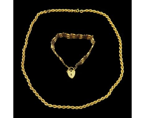Gold five bar gate bracelet and a gold rope twist chain necklace, both 9ctCondition Report:Approx 10.95gm, necklace length = 
