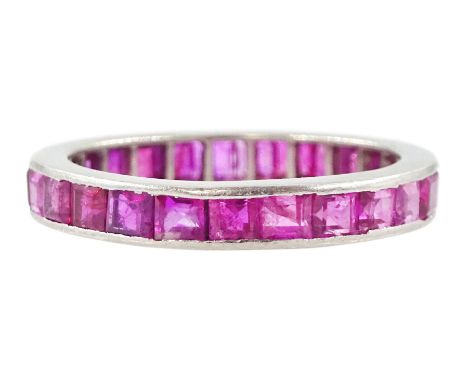 Platinum channel set calibre cut ruby full eternity ring,Condition Report:Approx 3.1gm, size M, depth = 3.25mm, two stones ch