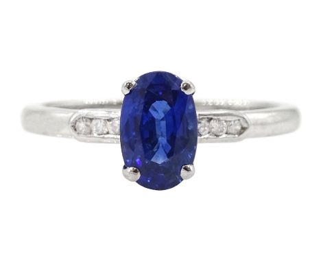18ct white gold oval cut sapphire ring, with diamond set shoulders, hallmarked, sapphire approx 1.20 caratCondition Report:Ap