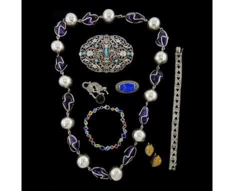Silver jewellery including amethyst and ball necklace, multi gem bracelet, Art Deco white paste bracelet, marcasite and black