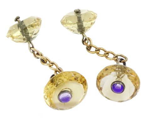 Pair of silver and gilt faceted citrine and cabochon amethyst double cufflinksCondition Report:Heads 1.5cm and 1.2cm diameter