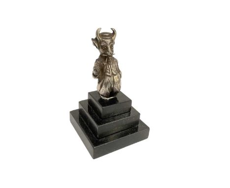 "Lucifer Golfing Society" plated car mascot depicting a devil in smoking a pipe, later mounted onto a stepped marble base, th