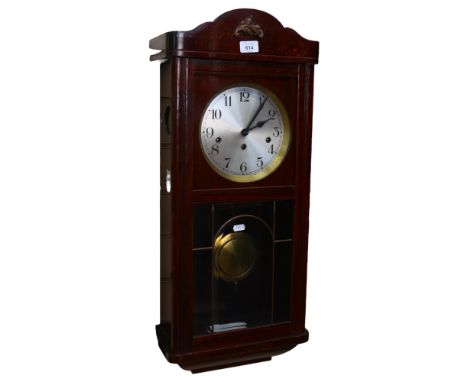 A stained wood-cased wall clock, with bevelled-glass panels, H69cm 