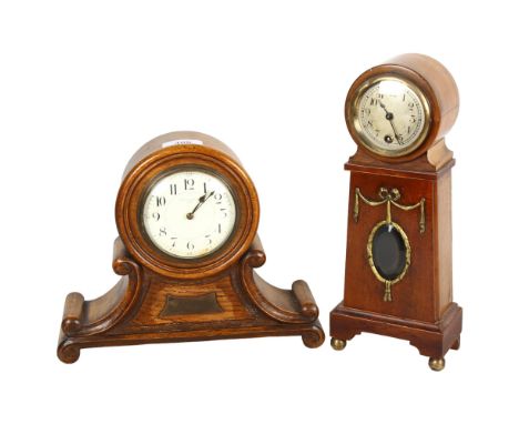 An oak-cased clock with plaque dated 1916, by Inglis of York, H22cm, and an Antique mahogany-cased clock with brass swag deco