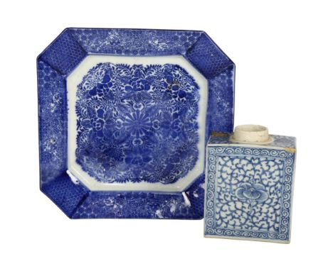 A Chinese blue and white porcelain caddy, with painted decoration, height 15cm, and blue and white transfer decorated ware pl