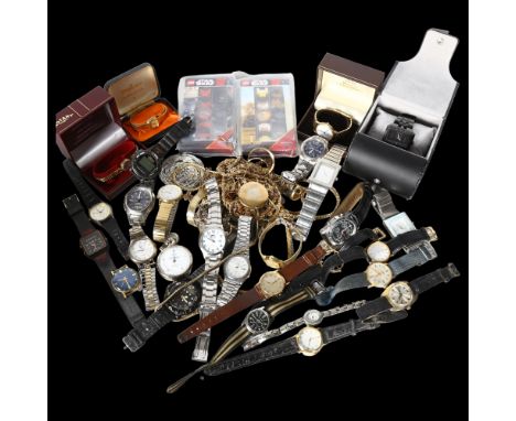 A large collection of mixed quartz and other wristwatches, including Timex, Citroen, Star Wars etc, and a bag of modern costu