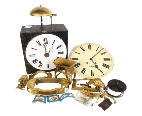 A Vintage clock with enamel dial and brass bell, H42cm overall, a Ripon dial and clock movement, and gilt-metal and porcelain