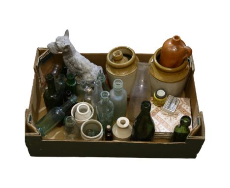 A quantity of Vintage glass bottles with various markings, including Lea & Perrins, 2 similar stoneware utensil jars, a quant