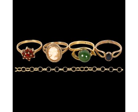 4 stone set gold dress rings, to include 1 x 18ct and green stone set ring, size I, 3g, and 3 x 9ct gold dress rings, 2 stone