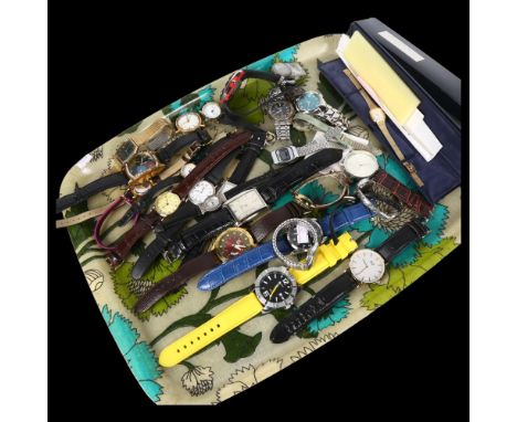 A tray of mixed quartz wristwatches, to include Timex, Omac LCD quartz wristwatch, Sekonda, Avia etc 