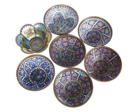 A Chinese design plique-a-jour shaped bowl, together with a set of 6 copper and enamel bowls, with painted decorationAll in g