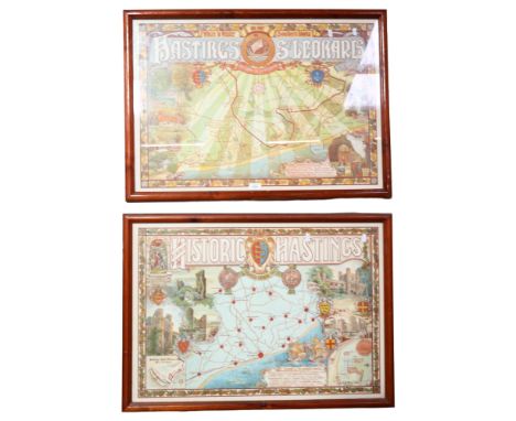 A pair of Vintage framed posters advertising Hastings and St. Leonards, with various points of interest illustrated, 62 x 82c