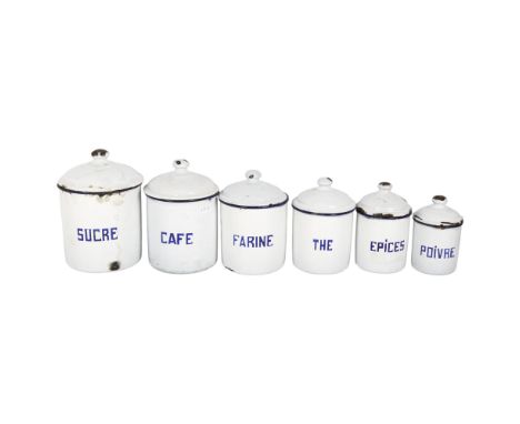 A Vintage French blue enamel cannister set, a graduated set containing 6 jars in total, largest height 18cm 