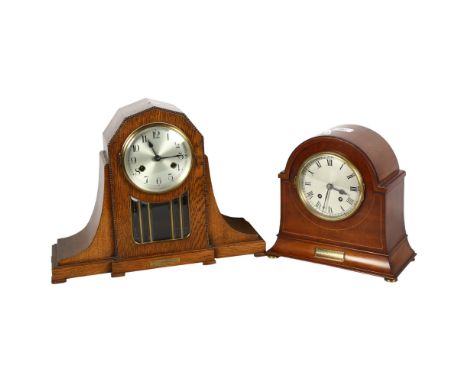 A 2-train mahogany-cased mantel clock, with presentation plaque dated 1919, H24.5cm, and an oak-cased mantel clock with bevel