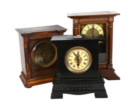 A mantel clock by J Cameron & Sons Kilmarnock, in carved oak case, H29cm, and 2 other mantel clocks 