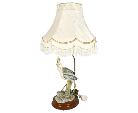 CAPODIMONTE - a table lamp and shade in the form of a pair of herons, label for Florence, Giuseppe Armani, height to top of s