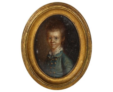 An 18th century miniature oil on board, portrait of a child wearing a blue coat, inscribed verso John White Abbott aged 6 yea