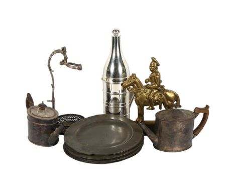 A cast-iron soldier figure doorstop, 26cm, pewter plates and teapots, wine jug with funnel and stopper etc 