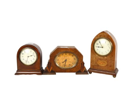 An Edwardian inlaid arch-top mantel clock, 23cm, a clock by Payne, Bromley, and an oak-cased 8-day clock 