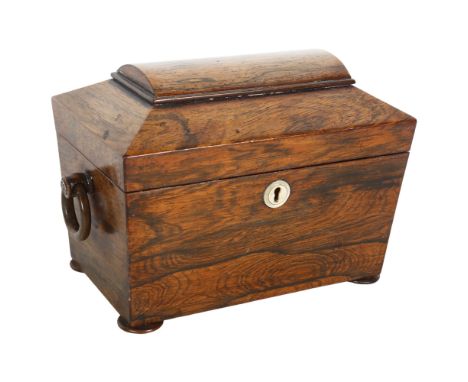 A Regency rosewood tea caddy, with ring handles, inlay missing, H15cm, L20cm, D13cm 